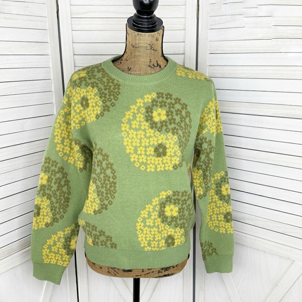 Witty‎ Fox Yin Yang Floral Pullover Sweater Green Yellow Small